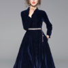 Velour Shirt Turndown Collar Ink Blue Midi Dress
