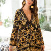 Velvet Shift V Neck Bell Sleeve Printed Mini Dress - Image 7
