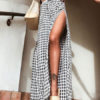 Wide Leg Plaid Pants Black Split Lace Up Elastic Waist Pants For Women