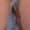 Wide Leg Plaid Pants Black Split Lace Up Elastic Waist Pants For Women - Image 3
