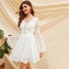 Women Backless Long Sleeve Solid V Neck Lace Sexy Dress