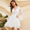 Women Backless Long Sleeve Solid V Neck Lace Sexy Dress - Image 3