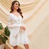 Women Backless Long Sleeve Solid V Neck Lace Sexy Dress - Image 4