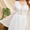 Women Backless Long Sleeve Solid V Neck Lace Sexy Dress - Image 5