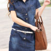 Women Belted Short Sleeve Denim Mini Dress