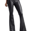 Women Black Pants Lace Up PU Leather Drawstring Flared Leg Trousers
