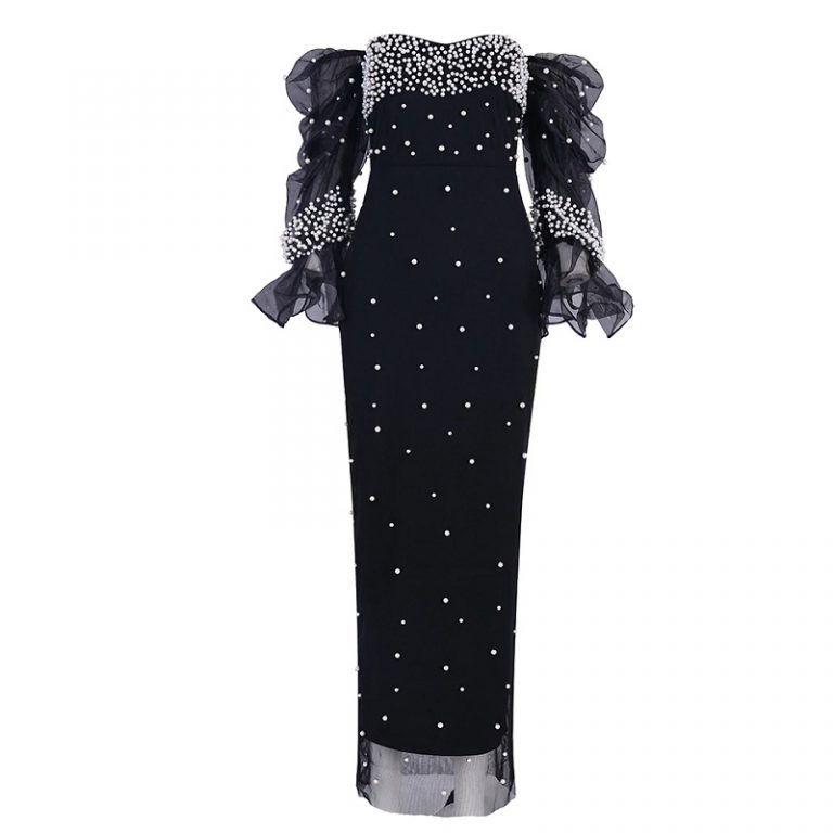 Women Bodycon Pearls Lace Sexy Long Sleeve Party Dress - Image 3