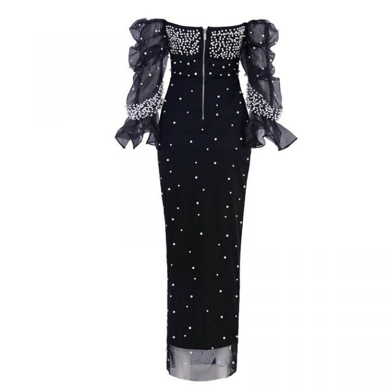 Women Bodycon Pearls Lace Sexy Long Sleeve Party Dress - Image 4