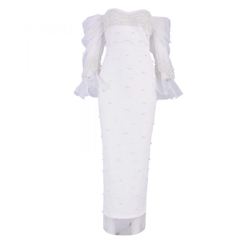 Women Bodycon Pearls Lace Sexy Long Sleeve Party Dress - Image 5