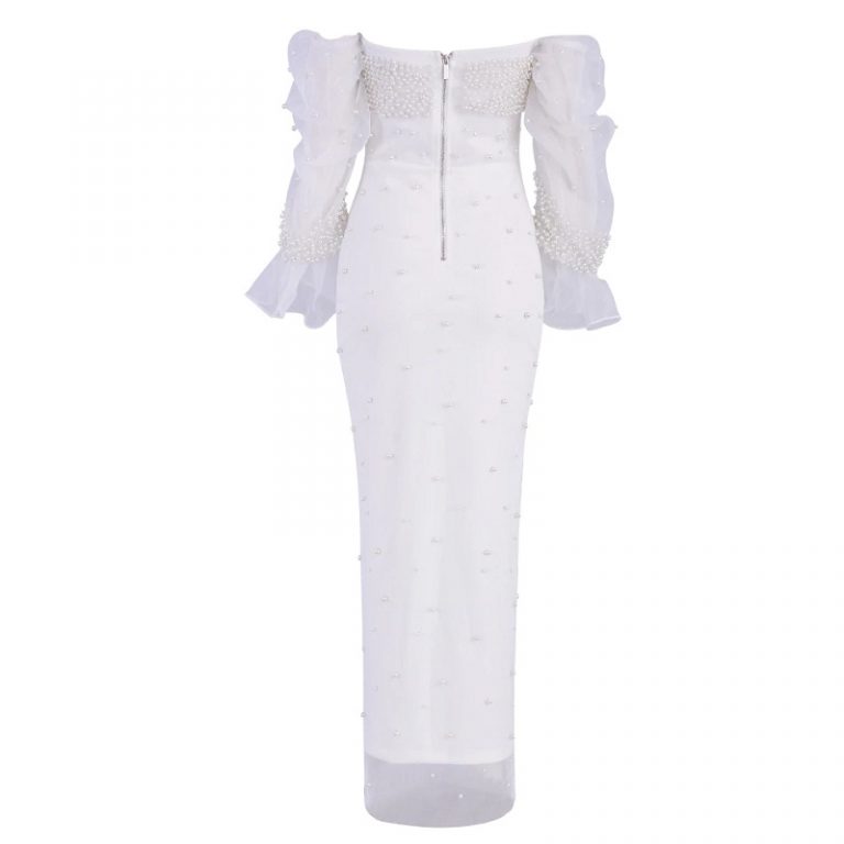 Women Bodycon Pearls Lace Sexy Long Sleeve Party Dress - Image 6