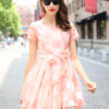Women Bows Sash Polka Dot Flared Dress