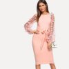 Women Casual Pink Elegant Party Flower Applique Contrast Dress