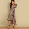 Women Deep V Neck Belted Fit and Flare Flounce Animal Zebra Print Dress