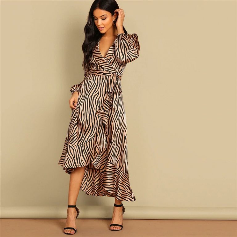 Women Deep V Neck Belted Fit and Flare Flounce Animal Zebra Print Dress