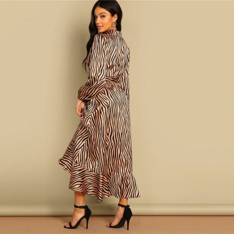 Women Deep V Neck Belted Fit and Flare Flounce Animal Zebra Print Dress - Image 2