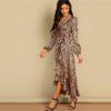 Women Deep V Neck Belted Fit and Flare Flounce Animal Zebra Print Dress - Image 3