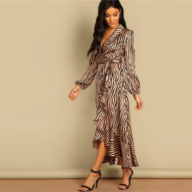 Women Deep V Neck Belted Fit and Flare Flounce Animal Zebra Print Dress - Image 3