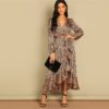 Women Deep V Neck Belted Fit and Flare Flounce Animal Zebra Print Dress - Image 4