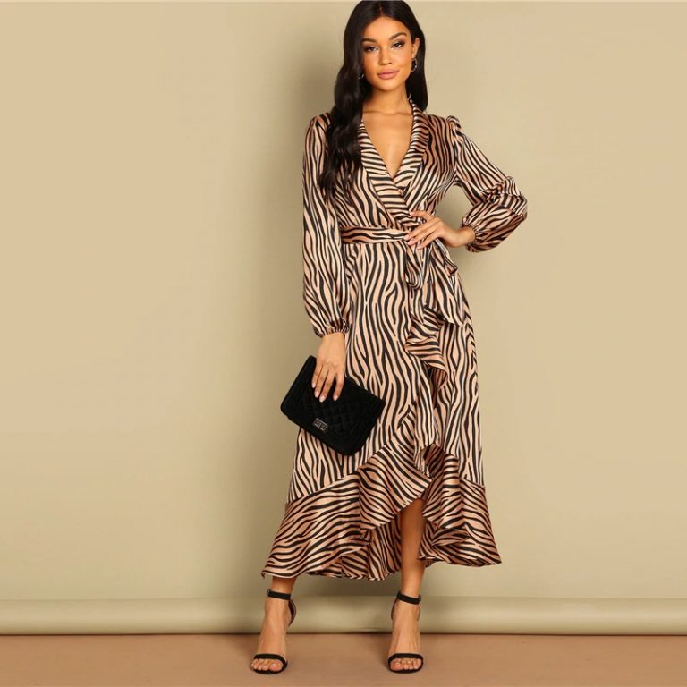 Women Deep V Neck Belted Fit and Flare Flounce Animal Zebra Print Dress - Image 4