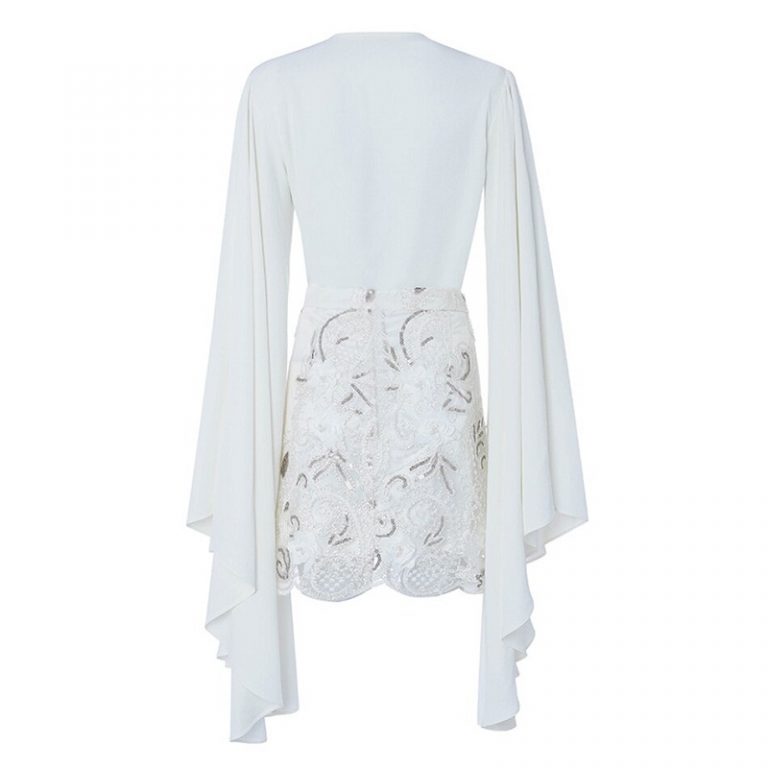 Women Evening Party Sexy Lace Batwing Long Sleeve Pearls Mini Celebrity Dress - Image 4
