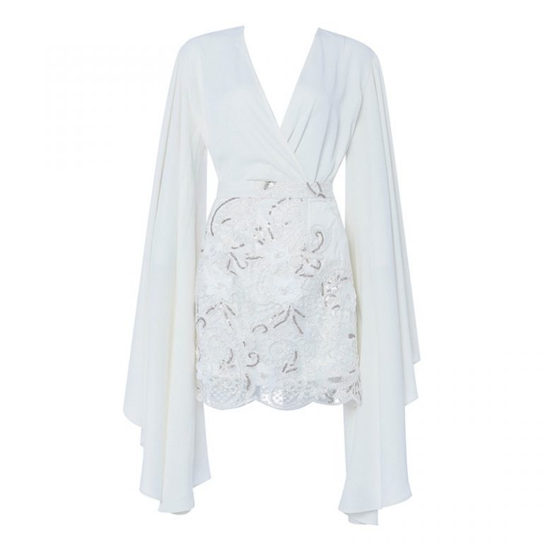 Women Evening Party Sexy Lace Batwing Long Sleeve Pearls Mini Celebrity Dress - Image 3