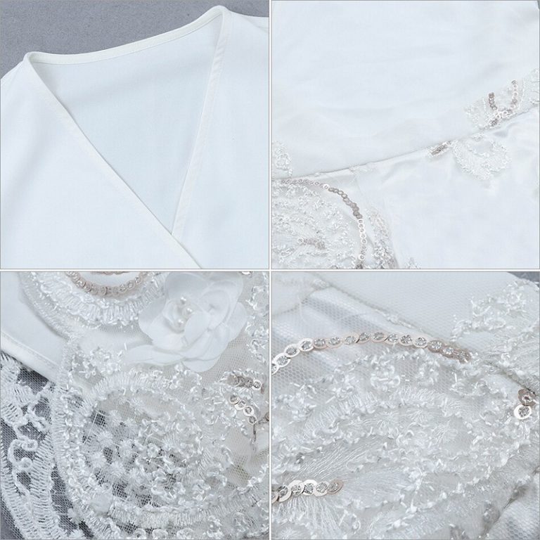 Women Evening Party Sexy Lace Batwing Long Sleeve Pearls Mini Celebrity Dress - Image 5