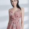 Women Floral Print Blush V Neck Chiffon Mini Dress - Image 5