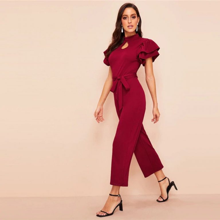 Women Jumpsuit Stand Collar Mid Waist Ladies Wide Leg Jumpsuit - Image 2
