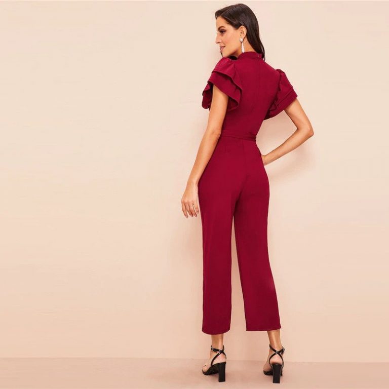 Women Jumpsuit Stand Collar Mid Waist Ladies Wide Leg Jumpsuit - Image 3