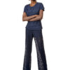 Women Lace Pants Deep Blue Solid Color Flared Leg Pants