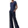 Women Lace Pants Deep Blue Solid Color Flared Leg Pants - Image 2
