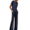 Women Lace Pants Deep Blue Solid Color Flared Leg Pants - Image 3
