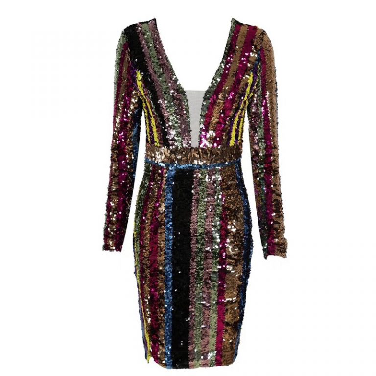 Women  Long Sleeve Deep V Neck Evening Party Midi Club Dress - Image 2