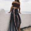 Women Pants Striped Deep Blue Split Wide Leg Pants - Image 3