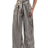 Women Pants Striped Drawstring High Waist Long Wide Leg Pants