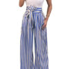 Women Pants Striped Drawstring High Waist Long Wide Leg Pants - Image 3