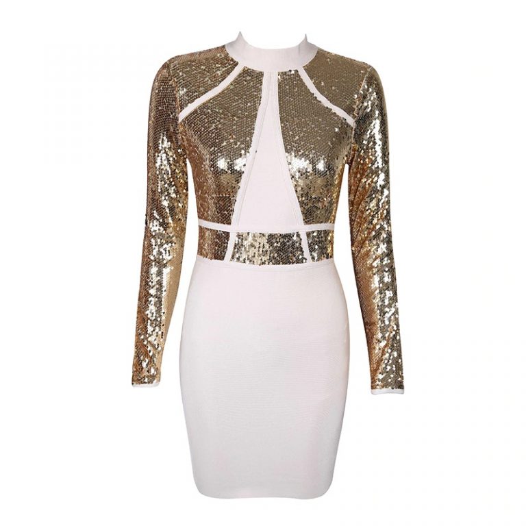 Women Sequin Sexy Long Sleeve Evening Party Mini Bandage Dress - Image 2