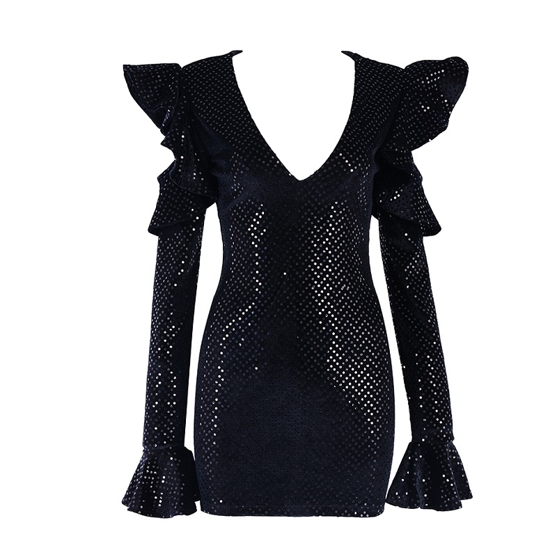 Women Sexy Deep V Neck Flare Sleeve Bodycon Mini Club Celebrity Dress - Image 5