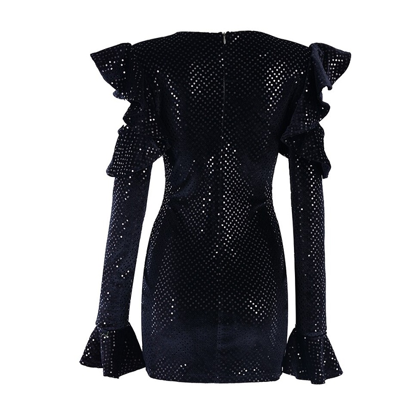 Women Sexy Deep V Neck Flare Sleeve Bodycon Mini Club Celebrity Dress - Image 6