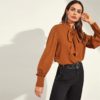 Women Stand Collar Plain Office Top Blouses - Image 4