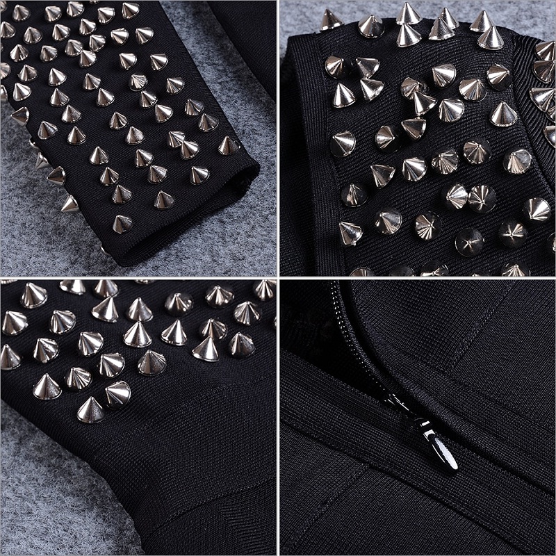 Women Studded Rivet Vestidos Knee-Length Celebrity Evening Party Dress - Image 3