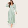 Women Surplice Neck Gathered Sleeve Puff Sleeve Long Dress