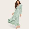 Women Surplice Neck Gathered Sleeve Puff Sleeve Long Dress - Image 3