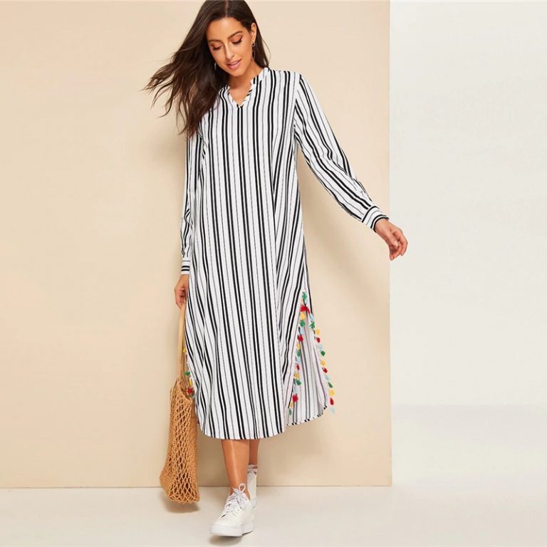 Women V-Cut Split Side Striped Long Sleeve Tunic Dress
