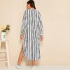 Women V-Cut Split Side Striped Long Sleeve Tunic Dress - Image 2