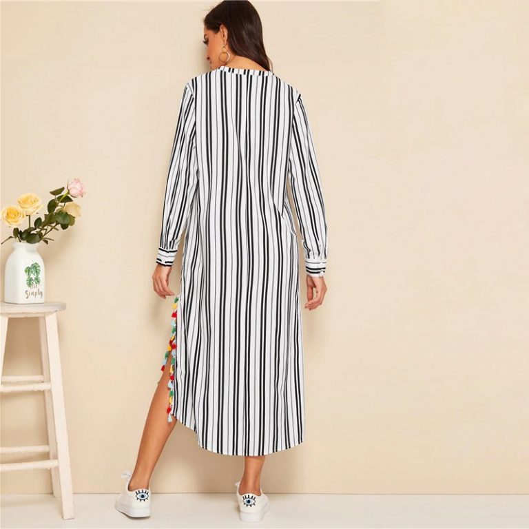 Women V-Cut Split Side Striped Long Sleeve Tunic Dress - Image 2