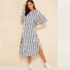 Women V-Cut Split Side Striped Long Sleeve Tunic Dress - Image 3