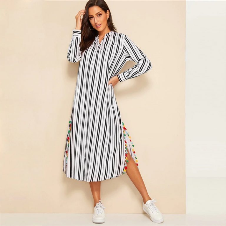 Women V-Cut Split Side Striped Long Sleeve Tunic Dress - Image 3