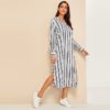 Women V-Cut Split Side Striped Long Sleeve Tunic Dress - Image 4