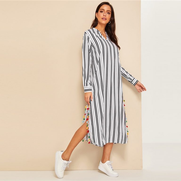 Women V-Cut Split Side Striped Long Sleeve Tunic Dress - Image 4